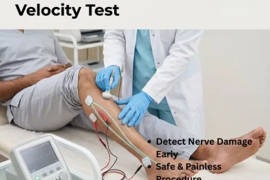 NCV Test at Home in Delhi NCR by GoodHealth21 Diagnostics, showing a technician performing a Nerve Conduction Velocity test on a patient's leg to detect nerve damage and neuropathy.
