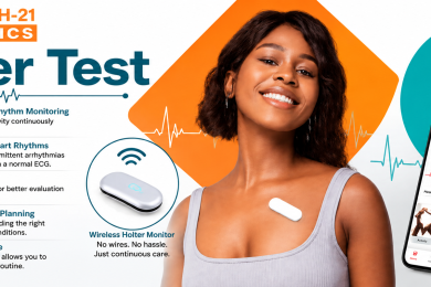 Holter Test at home promotional banner by Goodhealth-21 Diagnostics showing a man relaxing with a wireless Holter monitor attached to his chest.