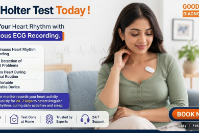 A promotional image featuring a woman on a couch wearing a Holter monitor with text and icons about the heart test on the left and a "BOOK NOW" button on the right.