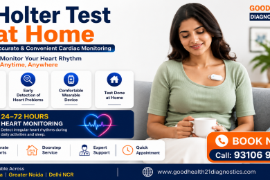 Holter Test at Home in Noida showing 24–72 hour continuous heart monitoring with ECG device setup at home