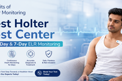 Best Holter Test Center in Ghaziabad for 3-Day & 7-Day ELR Monitoring – Patient wearing a cardiac monitoring device while sitting comfortably, highlighting advanced heart rhythm monitoring services for accurate diagnosis of arrhythmias and cardiac conditions.