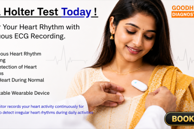 Holter Monitoring Test in Lucknow banner featuring a patient wearing a Holter monitor, AD Devices ELR Holter Device, BioCalculus Wireless ELR, 24–48 hour continuous heart monitoring, and GoodHealth21 Diagnostics home service.