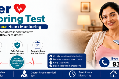 Holter Monitoring Test banner showing 24-hour heart monitoring, home diagnostic testing, a wearable Holter device, and a woman wearing the monitor, with contact number 9310697532.