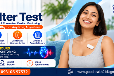 Holter Test by GoodHealth-21 Diagnostics featuring 24–48 hour heart rhythm monitoring, wearable Holter device, accurate reports, expert support, and quick appointment booking.