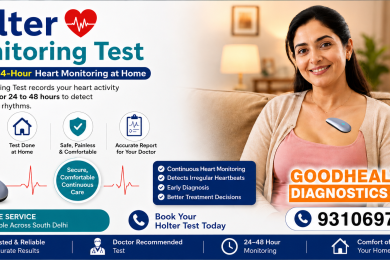 Holter Monitoring Test in East Delhi banner featuring a patient wearing a Holter monitor, AD Devices ELR Holter Device, BioCalculus Wireless ELR, 24–48 hour continuous heart monitoring, and GoodHealth21 Diagnostics home service.