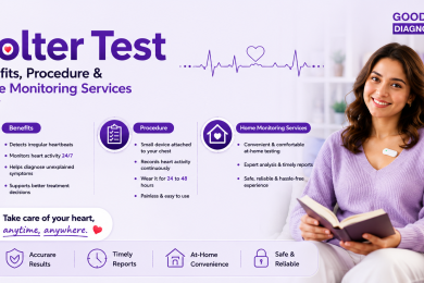 ELR Test at Home in Gurgaon banner featuring a patient wearing a wireless cardiac monitor, AD Devices ELR Monitor, BioCalculus Wireless ELR, continuous heart rhythm monitoring, and GoodHealth21 Diagnostics home service.