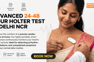 Advanced 24–48 Hour Holter Test at Home by GoodHealth21 Diagnostics in Delhi, Ghaziabad, and Indirapuram with portable heart monitoring device and digital reports.