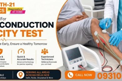 Banner for GoodHealth-21 Diagnostics offering home Nerve Conduction Velocity Tests in Delhi with contact number 093106 97532.