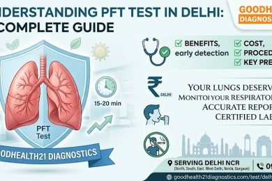 What is a PFT Test? Professional banner showing a patient undergoing a Pulmonary Function Test (Spirometry) with lung illustration, highlighting the benefits, procedure, cost, and importance of PFT testing by GoodHealth21 Diagnostics.