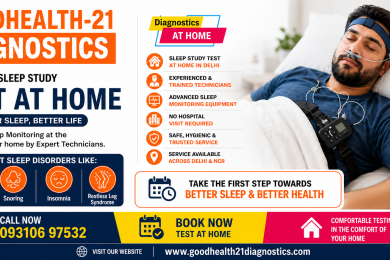 Sleep Study Test in Delhi banner featuring a patient undergoing a home sleep study (Polysomnography), advanced portable sleep monitoring device, overnight sleep apnea diagnosis, and GoodHealth21 Diagnostics home diagnostic service.