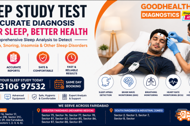 Sleep Study Test at Home in Faridabad by GoodHealth21 Diagnostics with expert technician, sleep apnea diagnosis, EEG monitoring, accurate reports, and home sleep testing services.