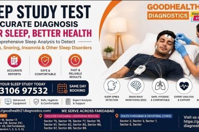 GoodHealth-21 Diagnostics sleep study test banner showing sleep monitoring services, technician assisting patient, contact number 093106 97532