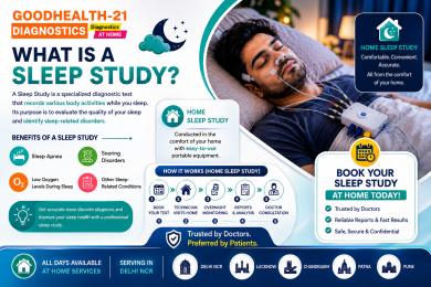 Home Sleep Study Test infographic by GoodHealth21 Diagnostics showing a patient undergoing sleep monitoring at home using portable sleep study equipment. The graphic explains sleep study benefits, diagnosis of sleep apnea and snoring disorders, overnight monitoring process, and at-home sleep testing services available across Delhi NCR.