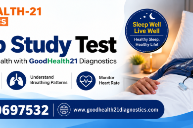 Sleep Study Test banner by GoodHealth21 Diagnostics showing a patient undergoing a home sleep study with sensors, highlighting sleep apnea detection, breathing pattern monitoring, and heart rate monitoring. Contact: 9310697532.