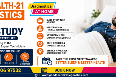 Ad banner for GoodHealth-21 Diagnostics sleep study in Delhi. Call 093106 97532.