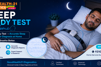 Sleep Study Test at Home banner featuring a patient sleeping with a home sleep monitoring device, overnight sleep tracking, sleep apnea diagnosis, and GoodHealth21 Diagnostics home testing service.